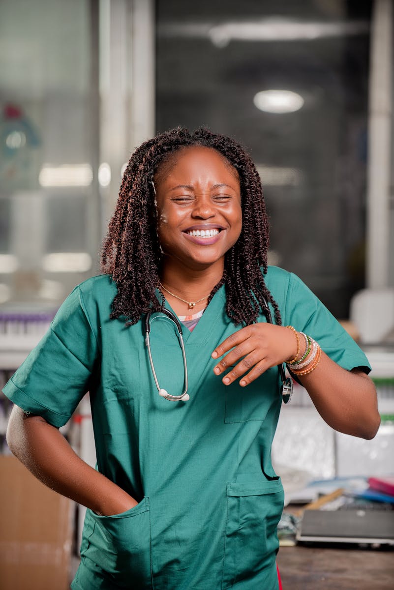 A Laughing Woman in a Doctors Gown